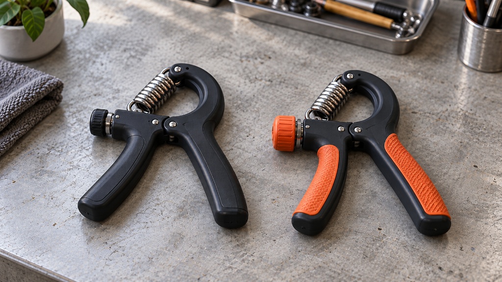 Two hand grip strengthener concepts side by side, comparing smooth black handles with updated orange textured grips and a larger adjustment knob