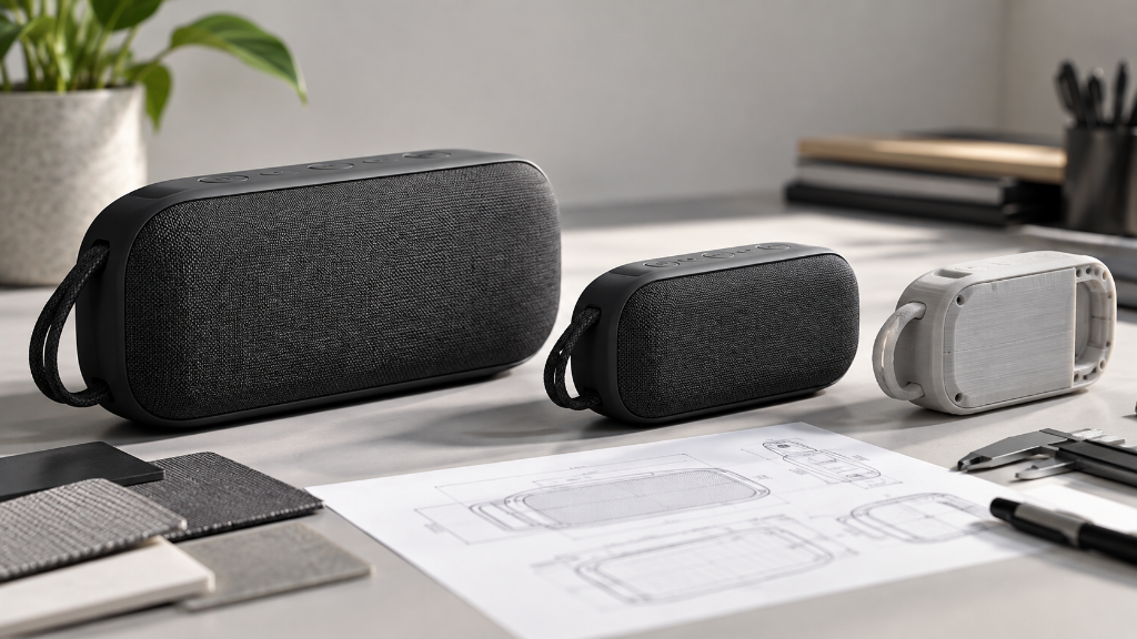 Product development workspace showing portable speaker prototypes with design sketches and material samples
