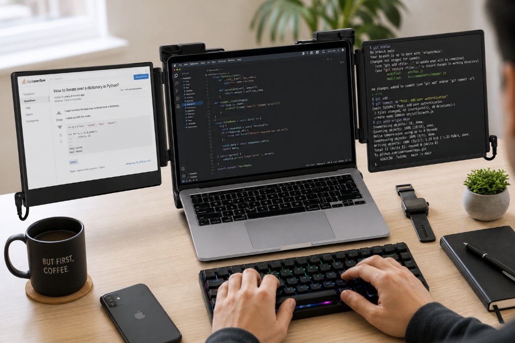 Software developer using triple screen for coding workflow