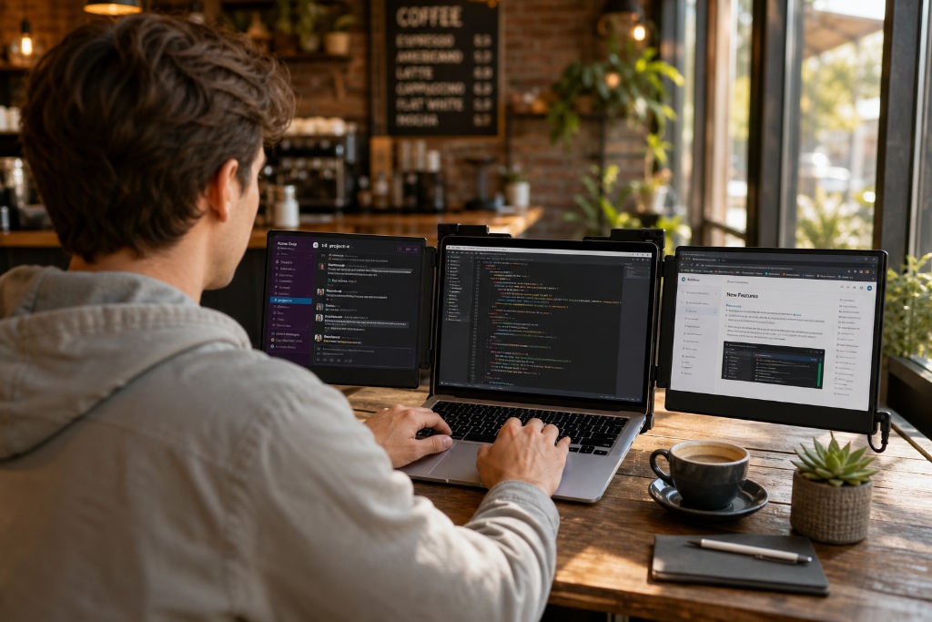 Digital nomad working from coffee shop with triple monitor setup