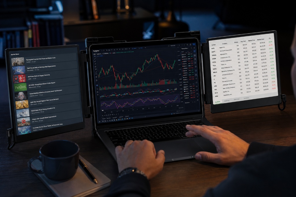 Financial analyst monitoring stock charts on triple screen